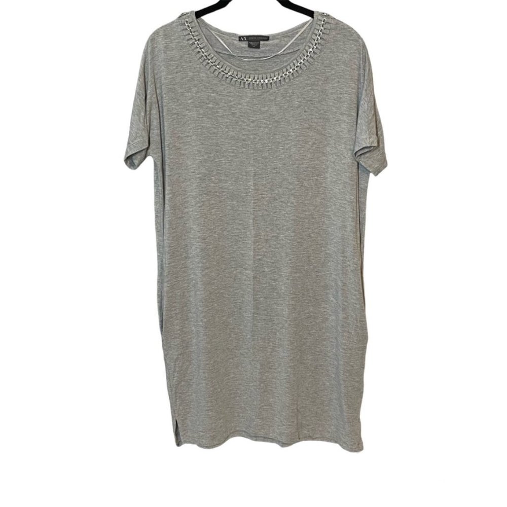 Armani Exchange Gray Pullover Dress with Jeweled Neckline and Pockets Small